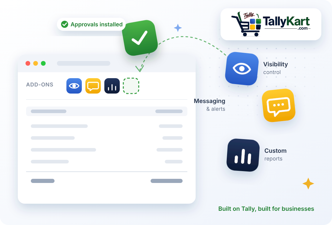 TallyKart solutions marketplace showing installed approvals, visibility control, messaging and custom reports